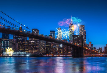 New York City Panoramic landscape view of Manhattan with fireworks. New Year 2018 Concept.