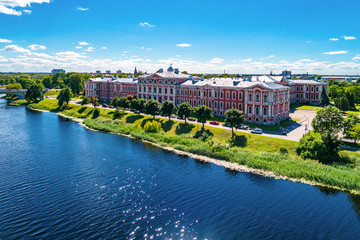 Panoramic view over city Jelgava, Lielupe river and ''Latvia University of Agriculture'' during sunny summer day.