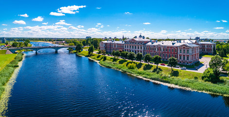 Panoramic view over city Jelgava, Lielupe river and ''Latvia University of Agriculture'' during sunny summer day.