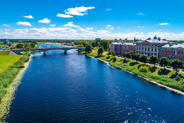 Panoramic view over city Jelgava, Lielupe river and ''Latvia University of Agriculture'' during sunny summer day.
