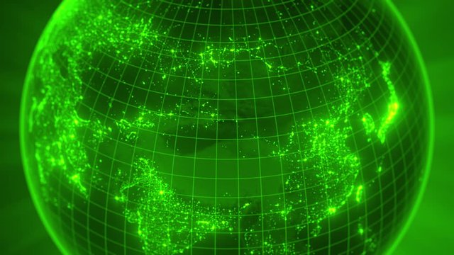 rotating green globe with glowing details of city and human population density areas. suitable for technology, future and science themes. 3d animation loop