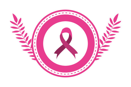 Breast Cancer Campaign Ribbon In Circular Frame With Leafs