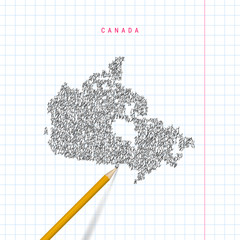 Canada sketch scribble vector map drawn on checkered school notebook paper background