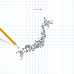 Japan sketch scribble vector map drawn on checkered school notebook paper background