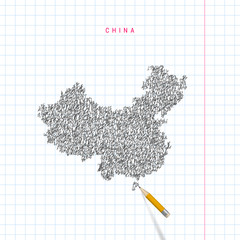 China sketch scribble vector map drawn on checkered school notebook paper background