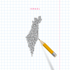 Israel sketch scribble vector map drawn on checkered school notebook paper background