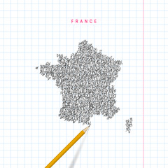 France sketch scribble vector map drawn on checkered school notebook paper background