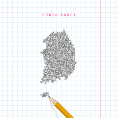 South Korea sketch scribble vector map drawn on checkered school notebook paper background