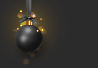 Christmas black balls hang on ribbon with bow. Xmas bauble with realistic light blur bokeh effect.