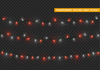 Christmas lights in white nad red color. Decorations design element Christmas glowing lights. Decorative Xmas realistic objects. Holiday decor set of garlands. vector illustration