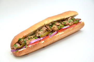 sandwich with chicken slices baguette