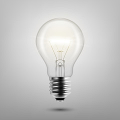 Vector 3d Realistic Turning On Light Bulb Icon Closeup Isolated on Gray Background. Design Template, Clipart. Glowing Incandescent Filament Lamps. Creativity Idea, Business Innovation Concept