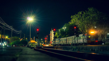 A train that runs through the city at night