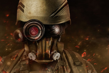 Futuristic desert robot warrior portrait in armor standing.
