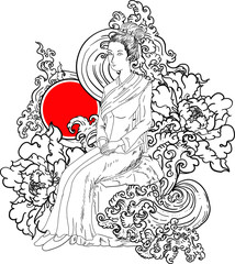Thai Lady in traditional suit with peony flower and water splash and red sun.Design for wallpaper and tattoo.Thai beautyful girl illustration and coloring book.