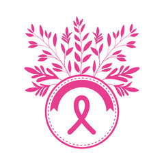 breast cancer campaign ribbon in circular frame with leafs