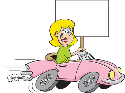 Cartoon illustration of a women driving a sports car while holding a sign.