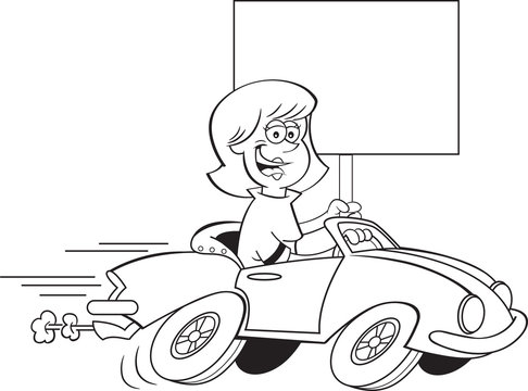 Black and white illustration of a women driving a sports car while holding a sign.
