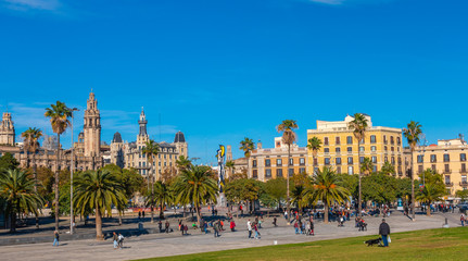 BARCELONA, SPAIN - DIC 02, 2018: View of Placa de l'Ictineo and park. Barcelona olympic port area.