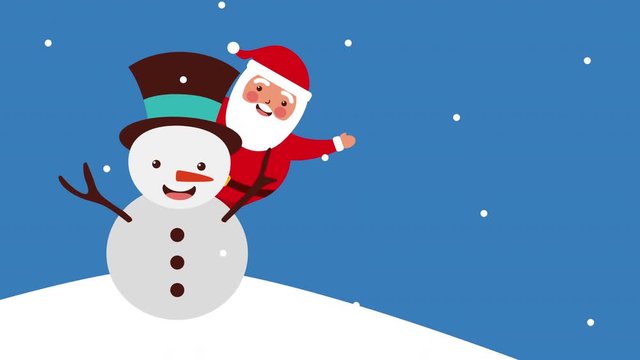 happy merry christmas card with santa claus and snowman