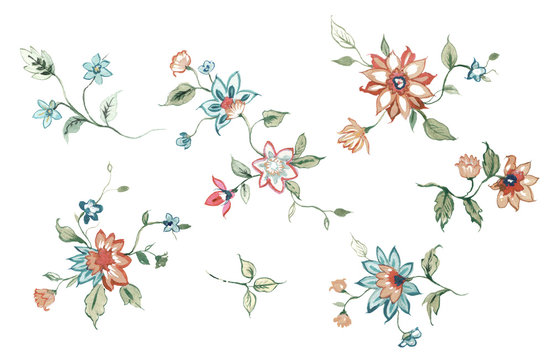 Flowers watercolor illustration.Manual composition.Big Set watercolor elements. © lin
