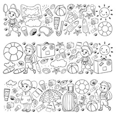 Vector pattern. Summer vacations. Little children. Happy family with kids. Travel and adventures. Beach, ocean, island, sun