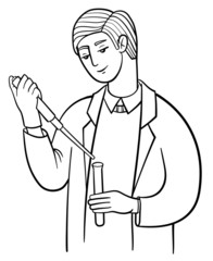 Male researcher works in laboratory. Scientist in white coat at work, conducts an experiment: holds a test tube and filling it with liquid. Vector outline illustration drawings on a white background