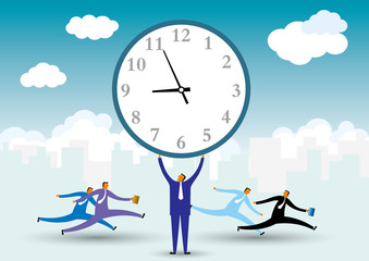 Businessman holds up the clock. There are many people running in the background.