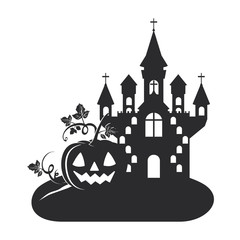 halloween dark castle with pumpkin scene icon