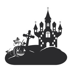 halloween celebration with castle in cemetery scene
