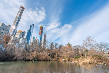 Obraz premium New York City, NY, USA - 25th, December, 2018 - Beautiful cold sunny day in Central Park lake with ducks near Gapstow Bridge.