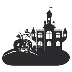 halloween dark castle with pumpkin scene icon