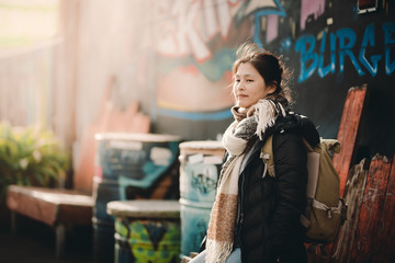 Fototapeta na wymiar Asian travel woman portrait in Wellington, New Zealand