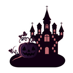 halloween dark castle with pumpkin scene icon