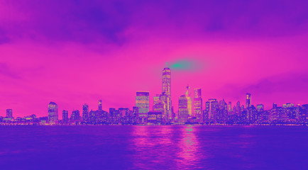 Lower Manhattan skyline and the Hudson river as seen from Jersey City funky gradient