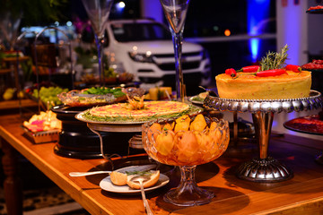 Buffet Dinner Cake Candy Space and Decor, buffet table setting, party table setting, table setting
