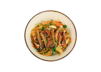 Donburi Unagi or eel slices with rice, vegetables in ceramic bowl