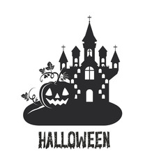 halloween dark castle with pumpkin scene icon