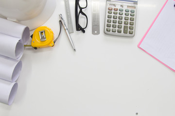 Desk of Architectural working project in construction site