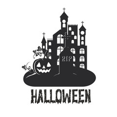 halloween dark castle with pumpkin scene icon
