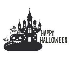 halloween dark castle with pumpkin scene icon