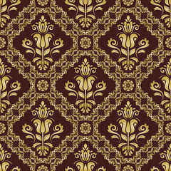 Classic seamless pattern. Damask orient brown and golden ornament. Classic vintage background. Orient ornament for fabric, wallpaper and packaging