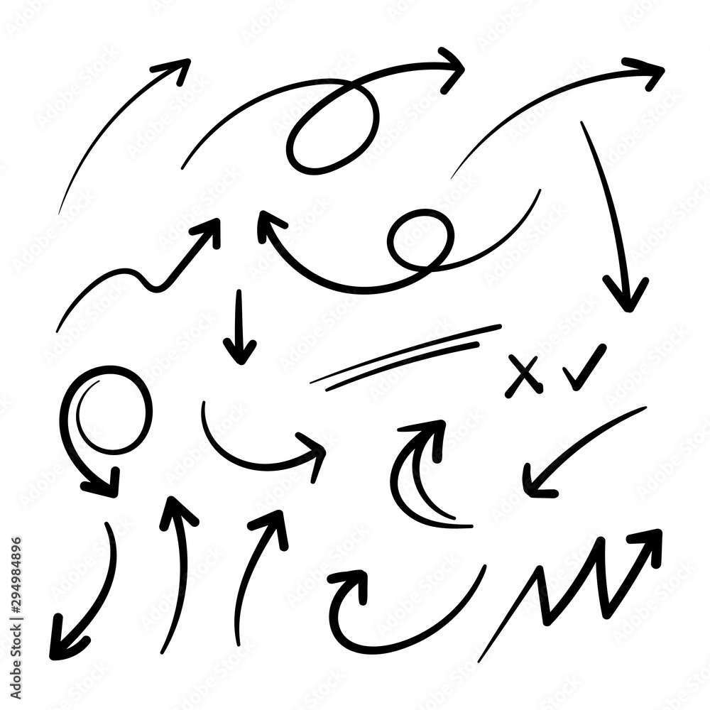 Aufkleber arrows hand drawn doodle vector set. sketch arrow design for application, banner, print screen, pen 
