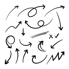 Obraz premium Arrows hand drawn doodle vector set. Sketch arrow design for application, banner, print screen, pen marks, map and typography design guide line.