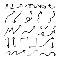 Arrows hand drawn doodle vector set. Sketch arrow design for application, banner, print screen, pen marks, map and typography design guide line.