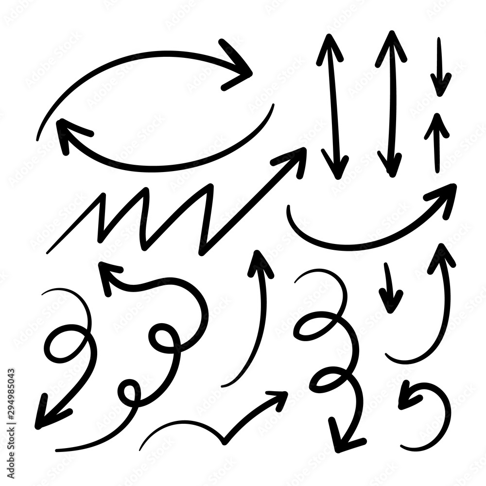Aufkleber arrows hand drawn doodle vector set. sketch arrow design for application, banner, print screen, pen 