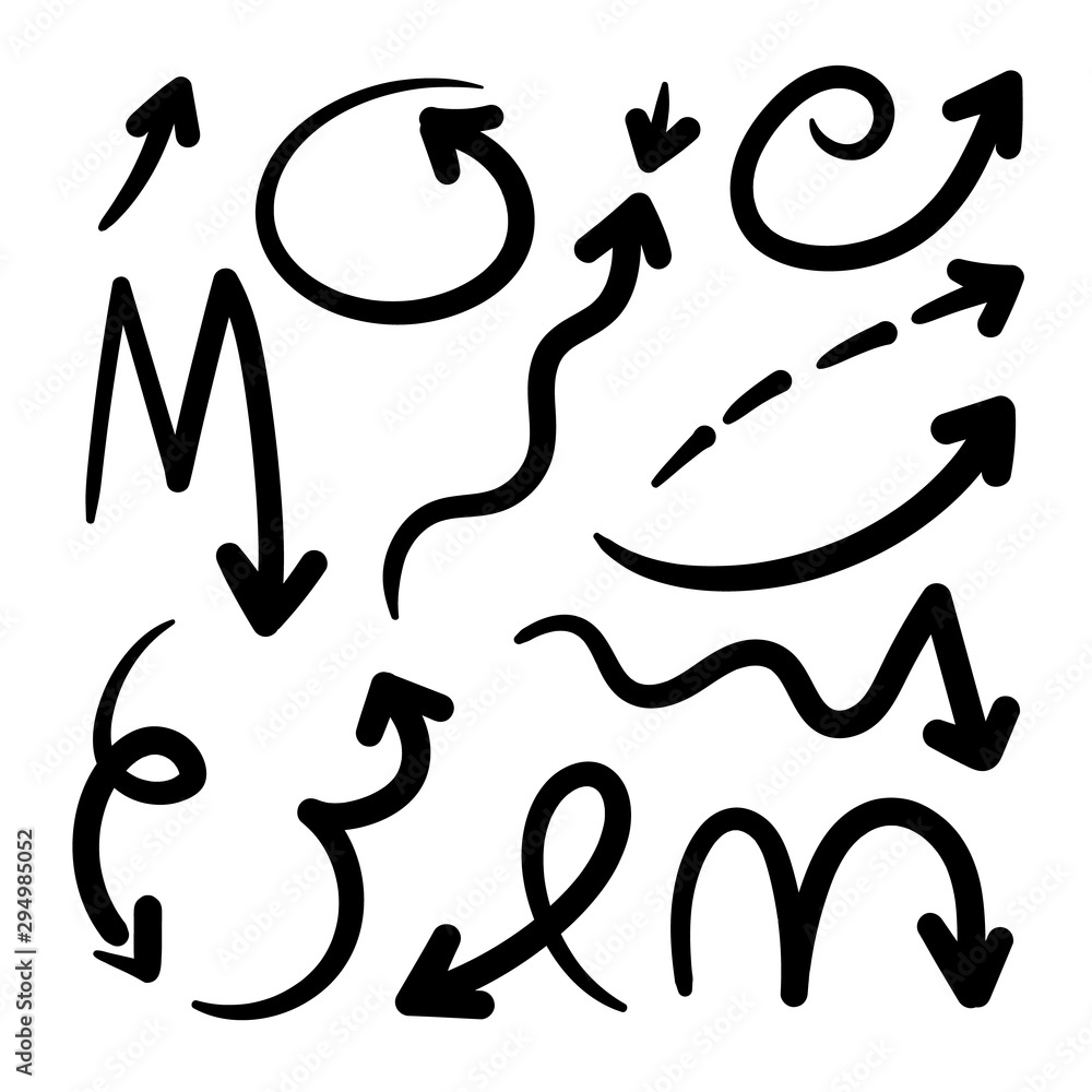 Aufkleber arrows hand drawn doodle vector set. sketch arrow design for application, banner, print screen, pen 