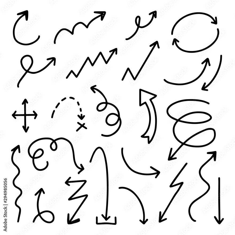 Aufkleber arrows hand drawn doodle vector set. sketch arrow design for application, banner, print screen, pen 
