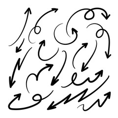 Arrows hand drawn doodle vector set. Sketch arrow design for application, banner, print screen, pen marks, map and typography design guide line.