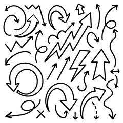 Arrows hand drawn doodle vector set. Sketch arrow design for application, banner, print screen, pen marks, map and typography design guide line.